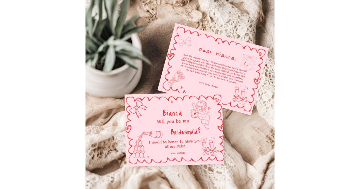 Elegant pink Hand Drawn Bridesmaid Proposal Card