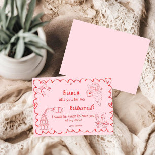 Elegant Pink Hand Drawn Bridesmaid Proposal Card
