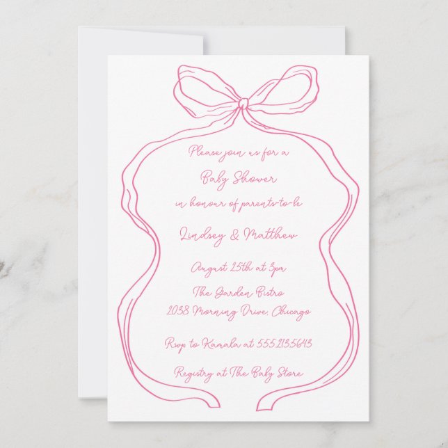 Elegant Pink Hand Drawn Coquette Bow Baby Shower Invitation (Front)