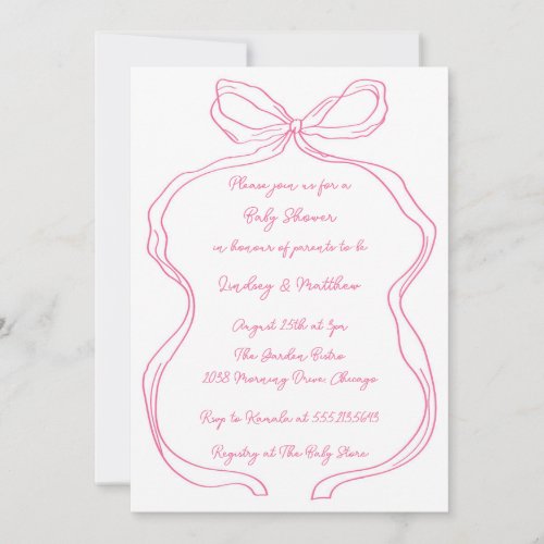 Elegant Pink Hand Drawn Coquette Bow Baby Shower Invitation