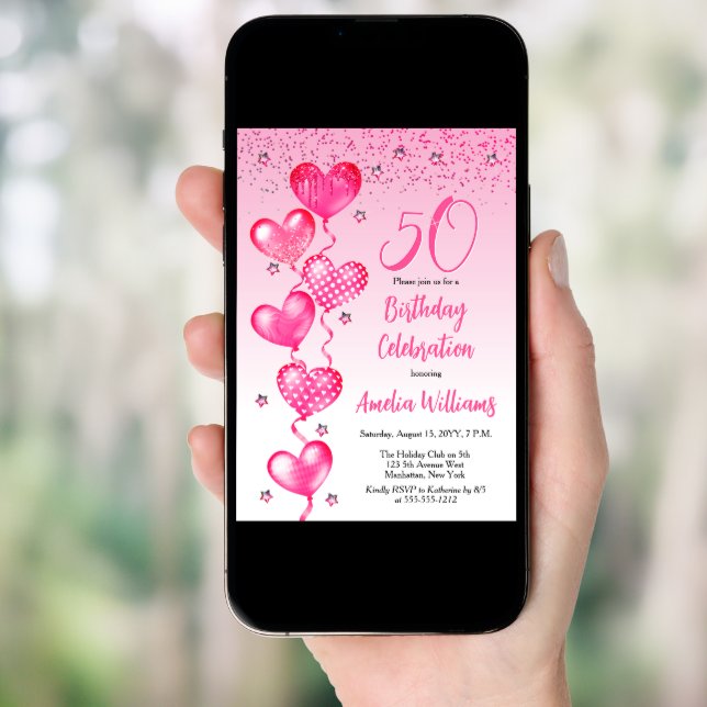 Elegant Pink Heart Balloons 50th Birthday Party Invitation (Front Digital)