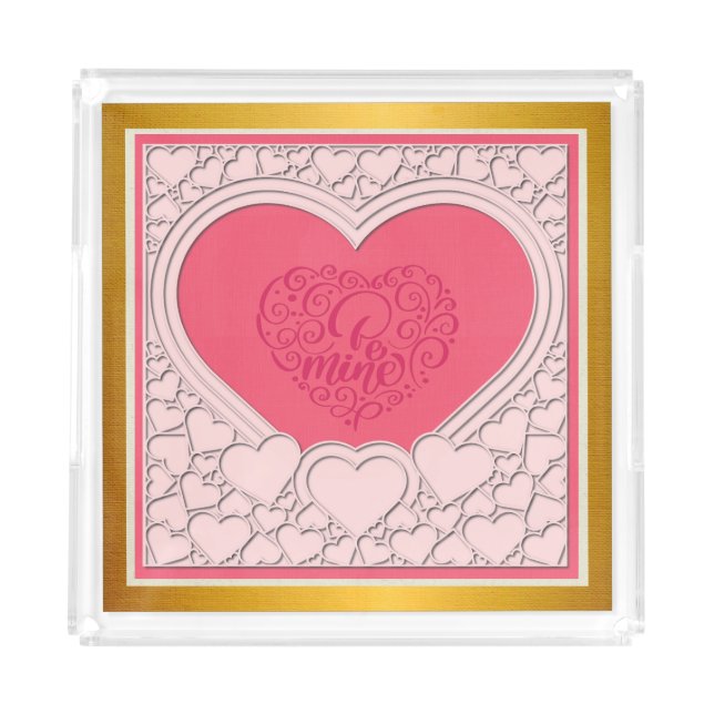 Elegant Pink Heart Happy Valentine's Day Stylish Acrylic Tray (Front)