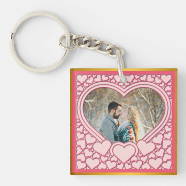 Elegant Pink Heart Happy Valentine's Day Stylish Keychain (Front)
