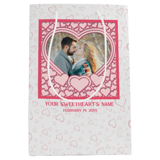 Elegant Pink Heart Happy Valentine's Day Stylish Medium Gift Bag (Front)