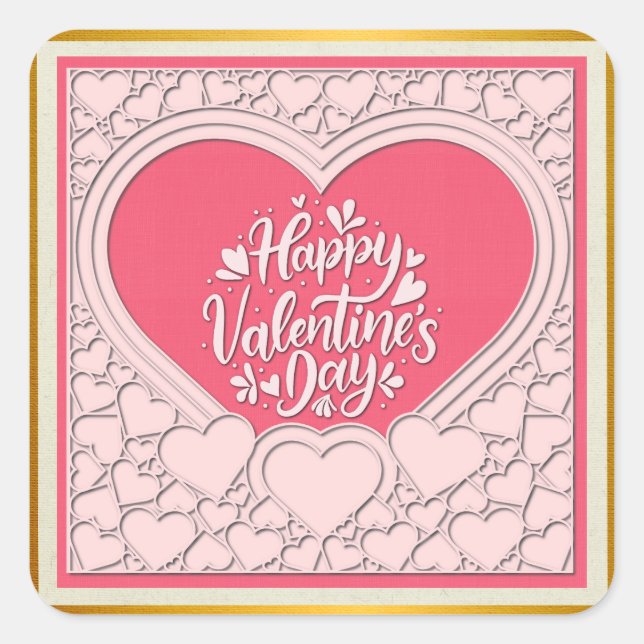 Elegant Pink Heart Happy Valentine's Day Stylish Square Sticker (Front)
