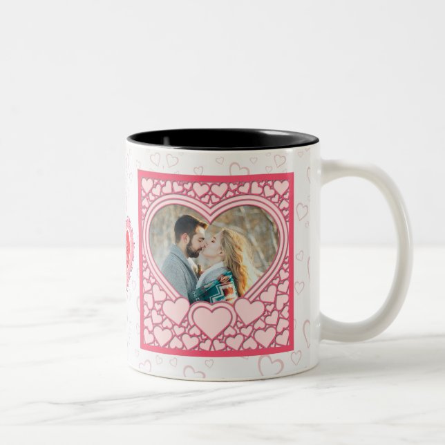 Elegant Pink Heart Happy Valentine's Day Stylish Two-Tone Coffee Mug (Right)