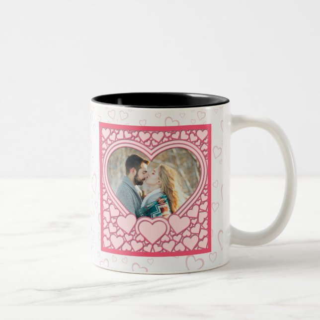 Elegant Pink Heart Happy Valentine's Day Stylish Two-Tone Coffee Mug (Right)