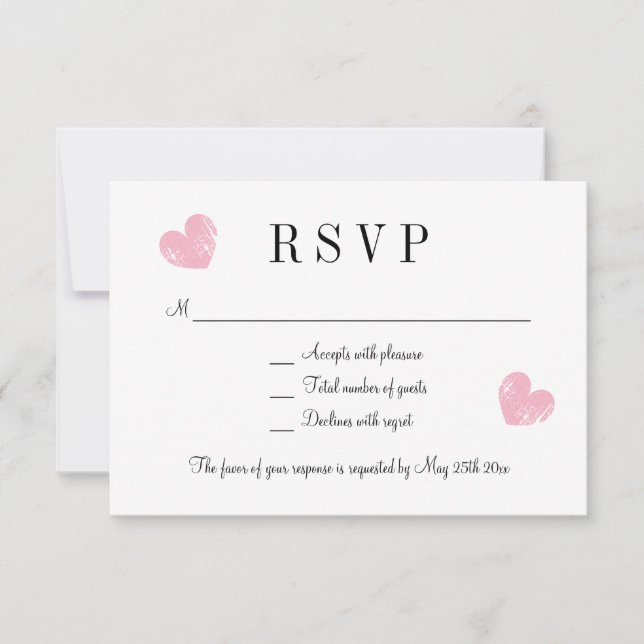 Elegant pink heart RSVP wedding response cards (Front)