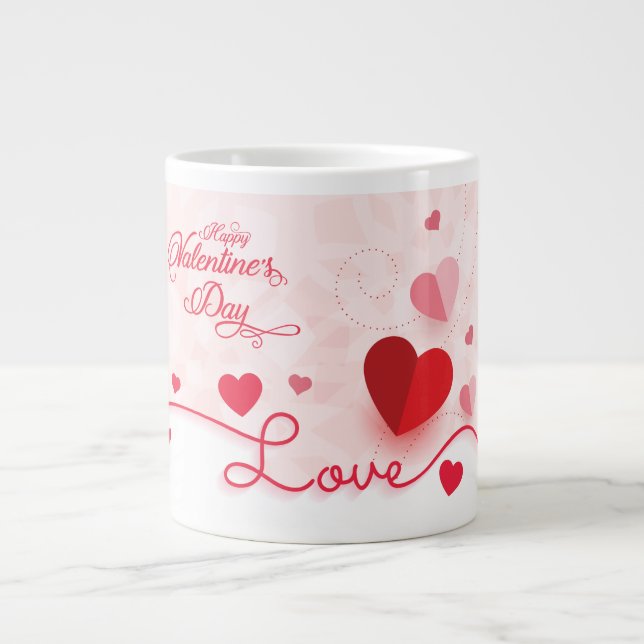 Elegant Pink Hearts Valentine's Day Giant Coffee Mug (Front)
