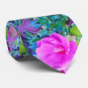 Elegant Pink Hibiscus with Wavy Blue Foliage Neck Tie