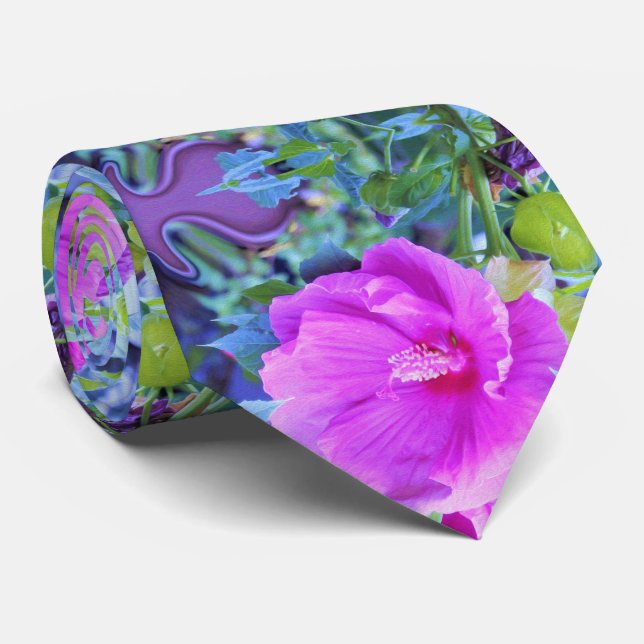 Elegant Pink Hibiscus with Wavy Blue Foliage Neck Tie (Rolled)