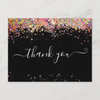 Elegant Pink Holographic Glitter Black Thank You