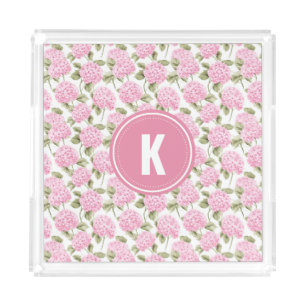 Elegant Pink Hydragea Flowers Pattern Monogram Acrylic Tray