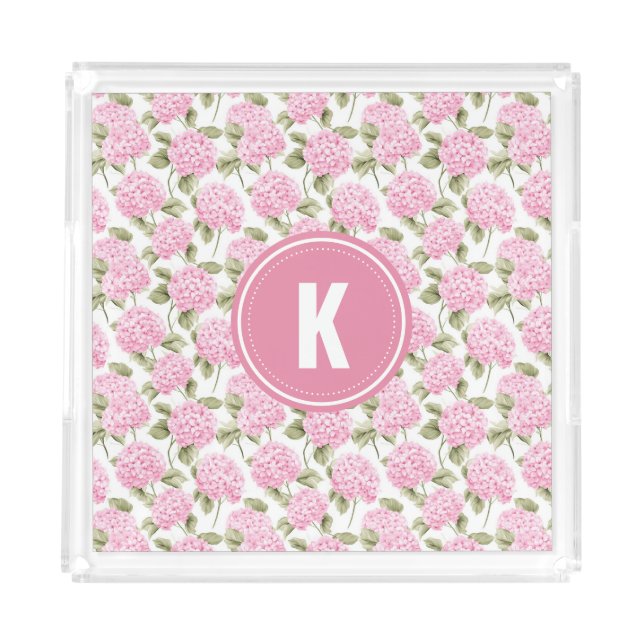 Elegant Pink Hydragea Flowers Pattern Monogram Acrylic Tray (Front)