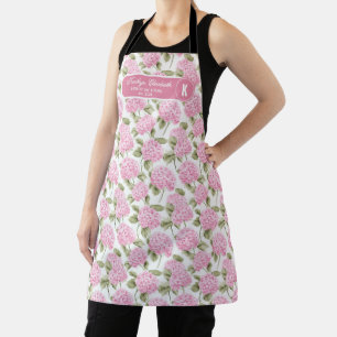 Elegant Pink Hydragea Flowers Pattern Monogram Apron