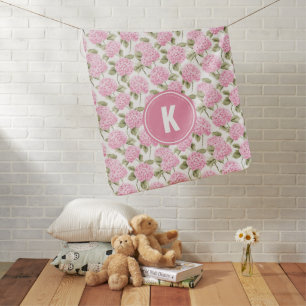 Elegant Pink Hydragea Flowers Pattern Monogram Baby Blanket