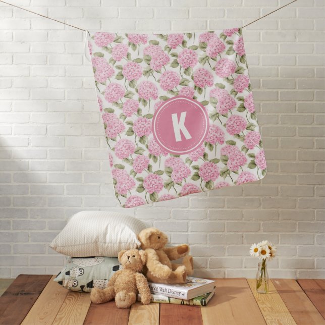 Elegant Pink Hydragea Flowers Pattern Monogram Baby Blanket (In Situ)