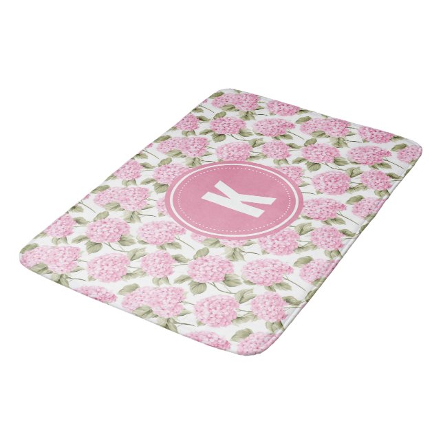 Elegant Pink Hydragea Flowers Pattern Monogram Bath Mat (Angled)