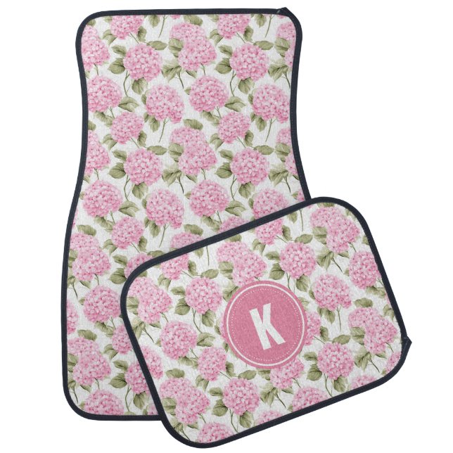 Elegant Pink Hydragea Flowers Pattern Monogram Car Floor Mat (Set)