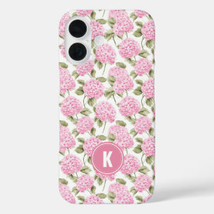 Elegant Pink Hydragea Flowers Pattern Monogram iPhone 16 Case