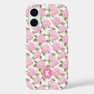 Elegant Pink Hydragea Flowers Pattern Monogram iPhone 16 Case