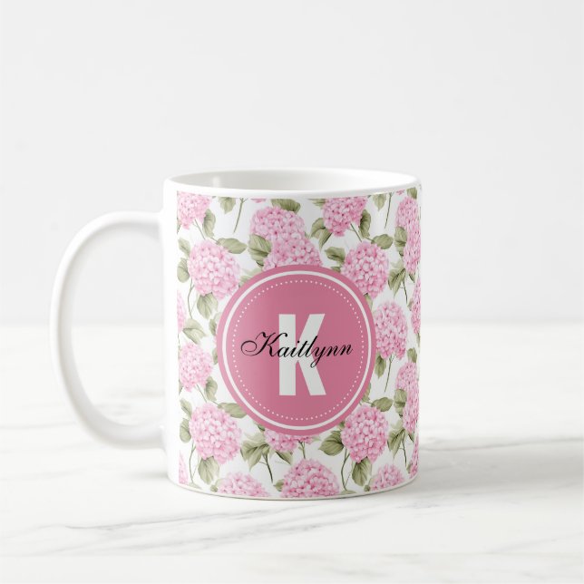Elegant Pink Hydragea Flowers Pattern Monogram Cof Coffee Mug (Left)