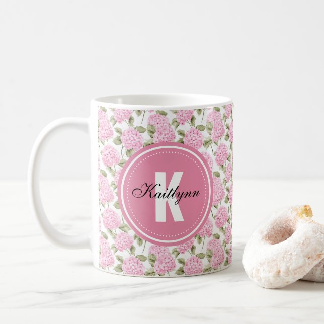 Elegant Pink Hydragea Flowers Pattern Monogram Coffee Mug (With Donut)