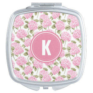 Elegant Pink Hydragea Flowers Pattern Monogram Compact Mirror