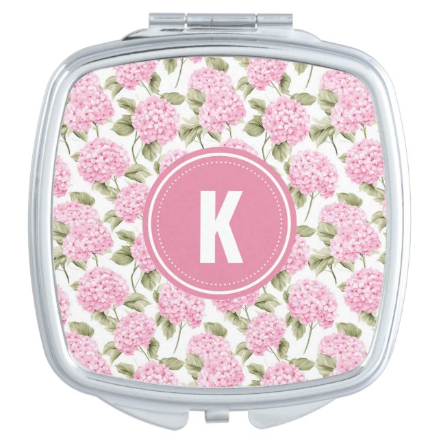 Elegant Pink Hydragea Flowers Pattern Monogram Compact Mirror (Front)