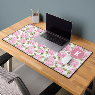 Elegant Pink Hydragea Flowers Pattern Monogram Desk Mat