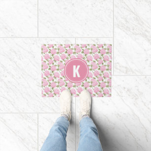 Elegant Pink Hydragea Flowers Pattern Monogram Doormat