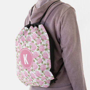 Elegant Pink Hydragea Flowers Pattern Monogram Drawstring Bag