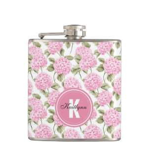 Elegant Pink Hydragea Flowers Pattern Monogram Flask
