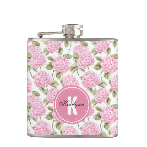 Elegant Pink Hydragea Flowers Pattern Monogram Flask