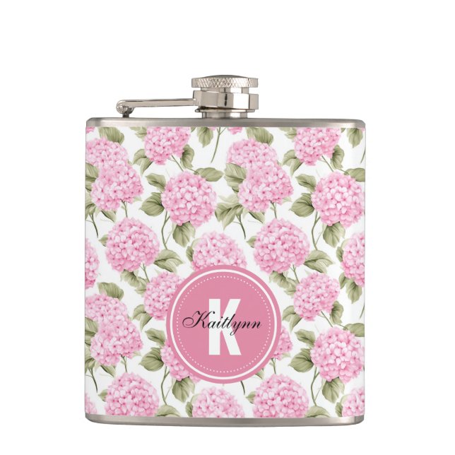 Elegant Pink Hydragea Flowers Pattern Monogram Flask (Front)