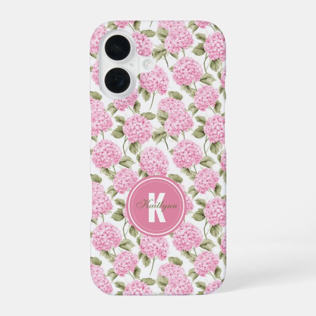 Elegant Pink Hydragea Flowers Pattern Monogram Iphone Case (Back)