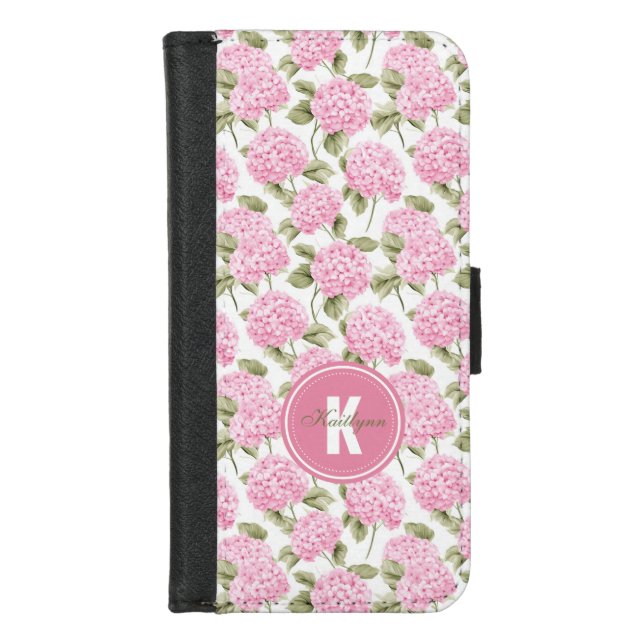 Elegant Pink Hydragea Flowers Pattern Monogram iPhone Wallet Case (Front)