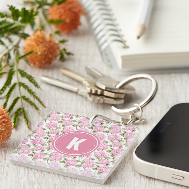 Elegant Pink Hydragea Flowers Pattern Monogram Keychain (Front Right)