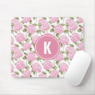 Elegant Pink Hydragea Flowers Pattern Monogram Mouse Pad