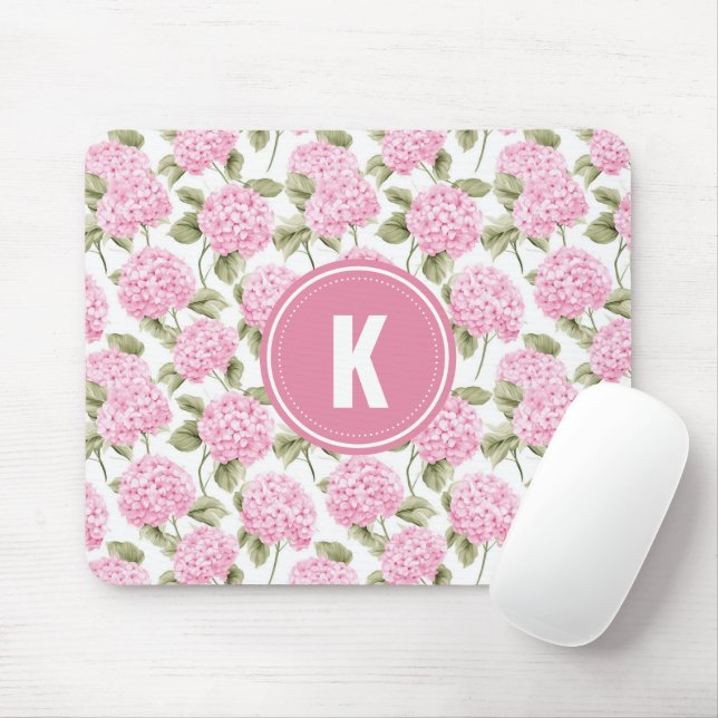 Elegant Pink Hydragea Flowers Pattern Monogram Mouse Pad (With Mouse)