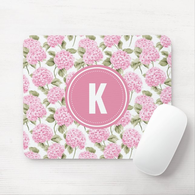 Elegant Pink Hydragea Flowers Pattern Monogram Mouse Pad (With Mouse)