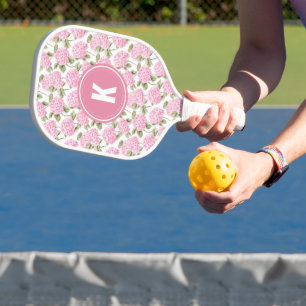 Elegant Pink Hydragea Flowers Pattern Monogram Pickleball Paddle