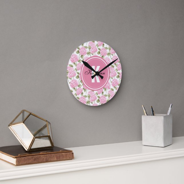Elegant Pink Hydragea Flowers Pattern Monogram Round Clock (Office)