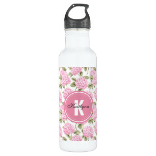 Elegant Pink Hydragea Flowers Pattern Monogram Stainless Steel Water Bottle