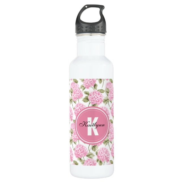 Elegant Pink Hydragea Flowers Pattern Monogram Stainless Steel Water Bottle (Front)