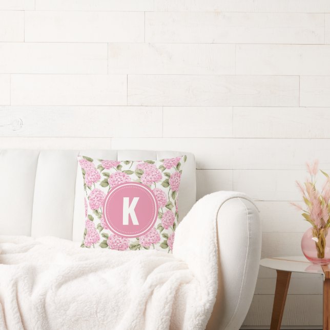 Elegant Pink Hydragea Flowers Pattern Monogram Throw Pillow (Couch)
