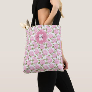 Elegant Pink Hydragea Flowers Pattern Monogram Tote Bag