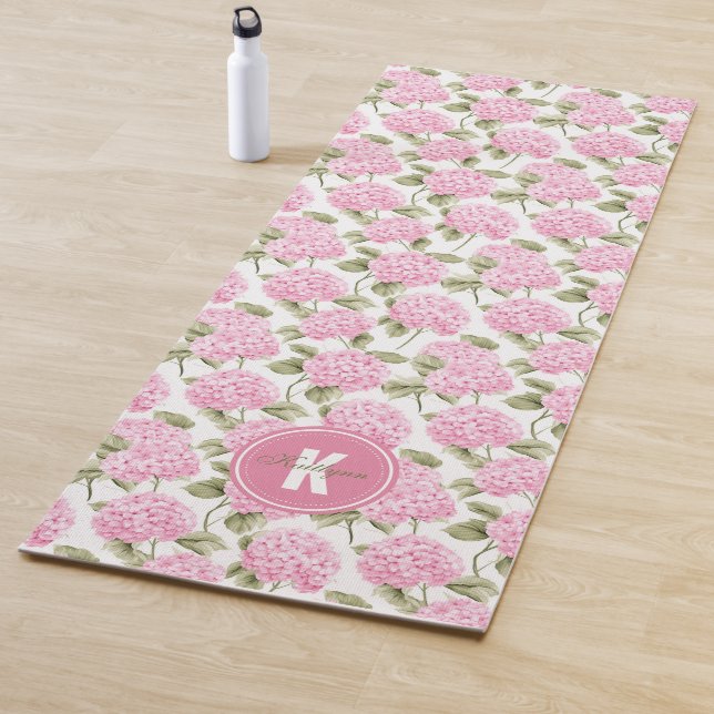 Elegant Pink Hydragea Flowers Pattern Monogram Yoga Mat (In Situ)
