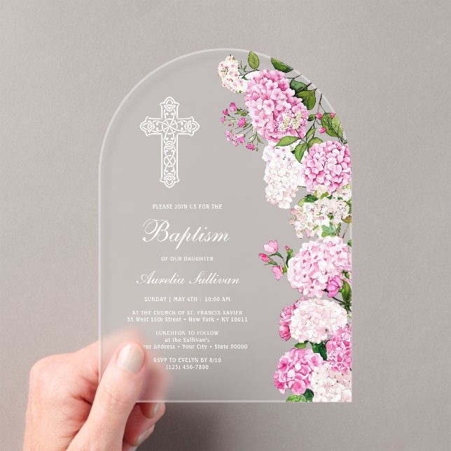 Elegant Pink Hydrangea Arch Baptism Acrylic Invitations (Insitu (Handheld))