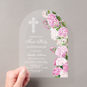 Elegant Pink Hydrangea Arch First Communion Acrylic Invitations
